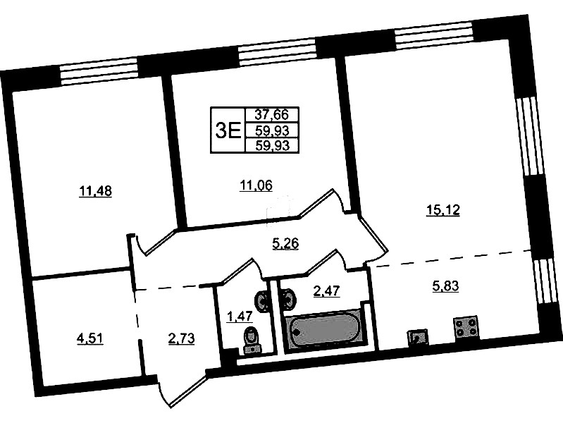 2-комнатная квартира 59.93 м², 1/11 эт., ЖК «Квартал Лаголово»